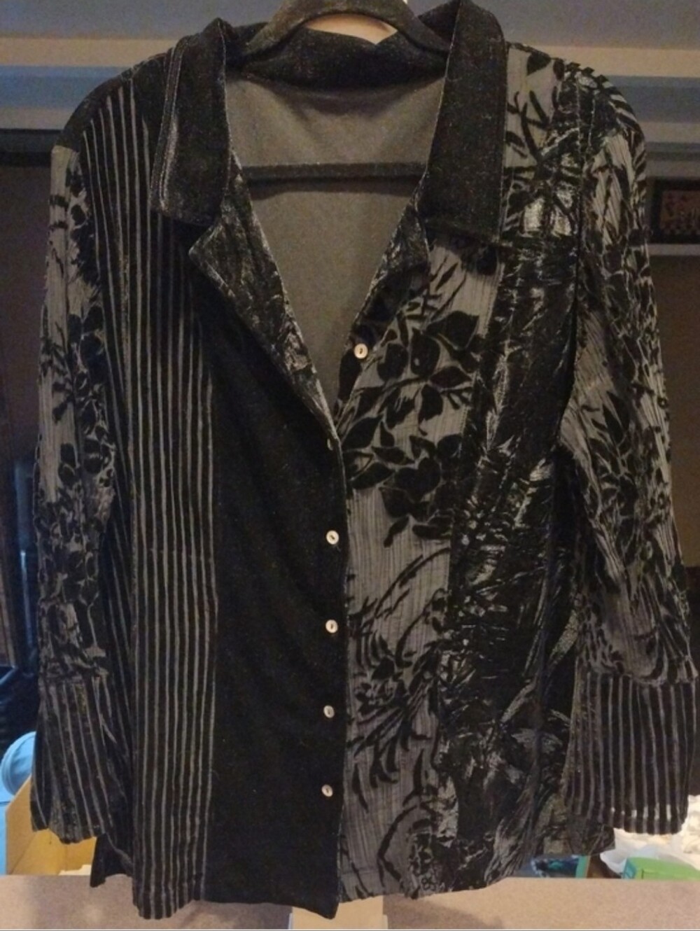 90's Black Velvet Burnout Mixed Media Whimsigoth Top Shacket